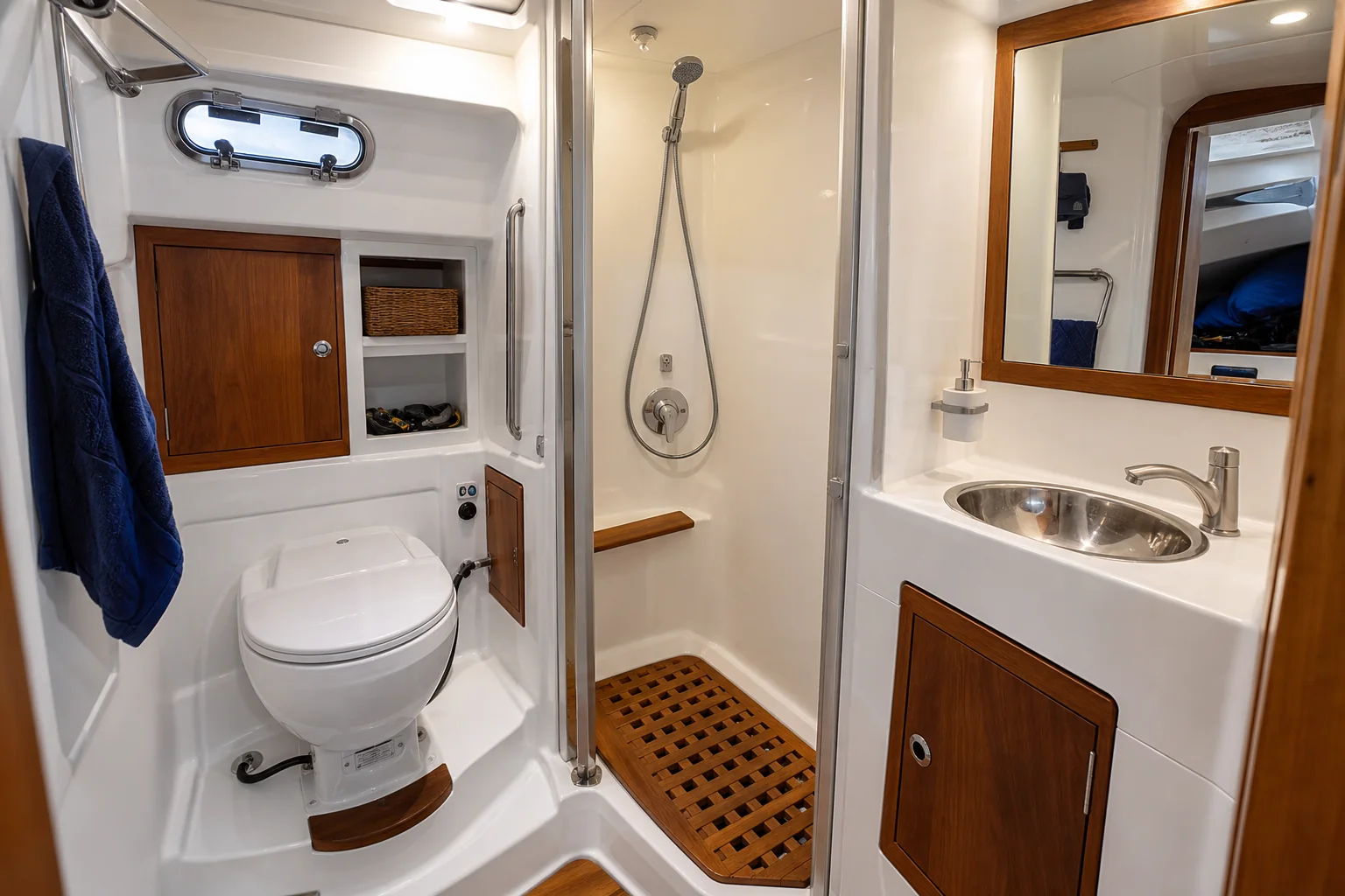 Compact marine bathroom with hot-water shower