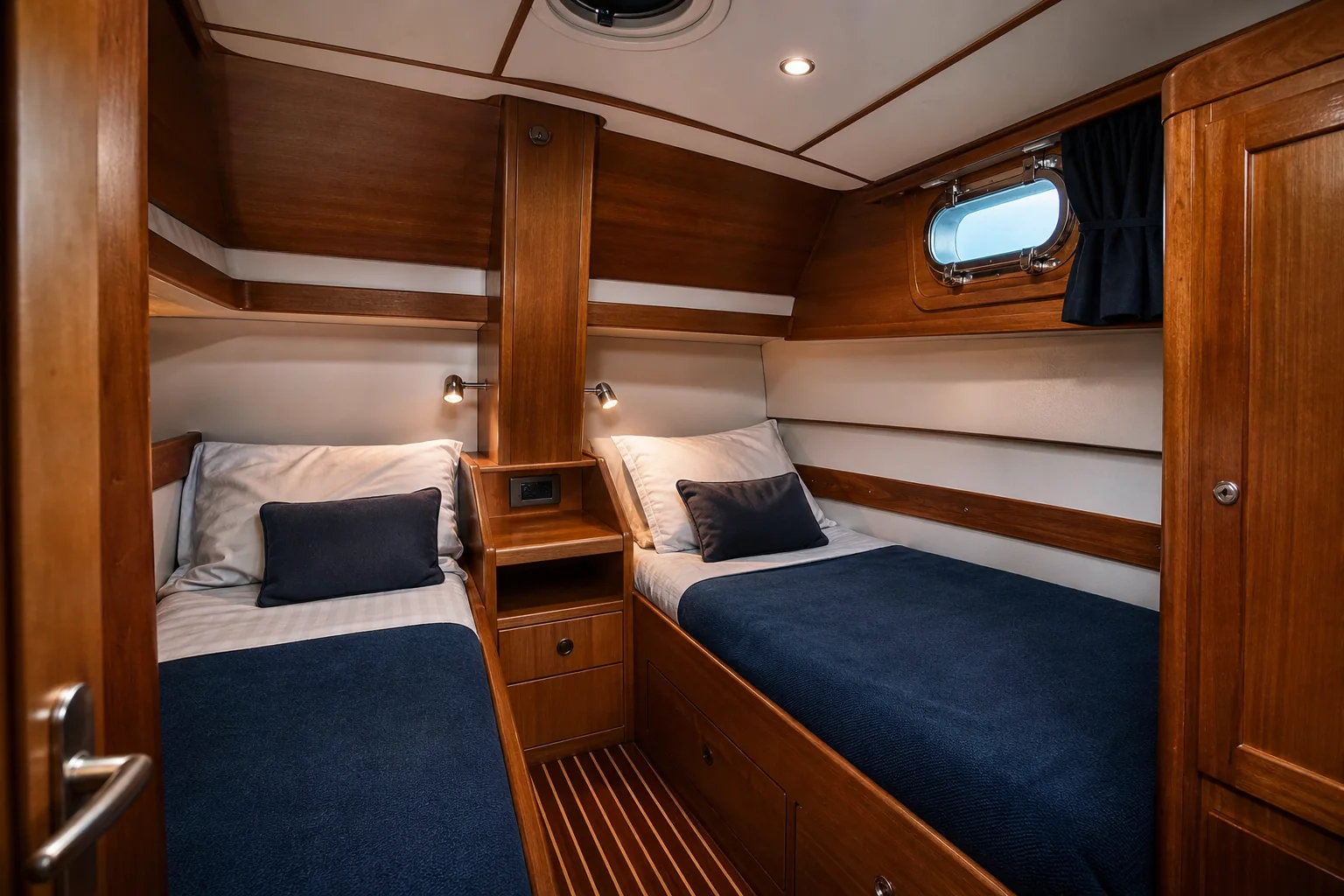 Warm timber guest cabin with two berths aboard the sailboat