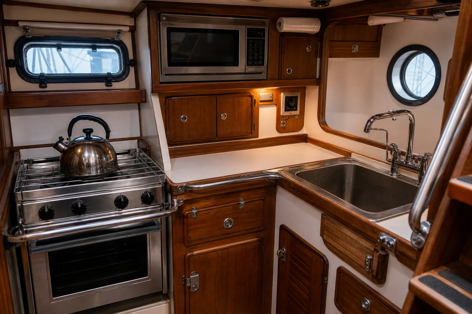 Secure and fully equipped galley kitchen aboard the sailboat