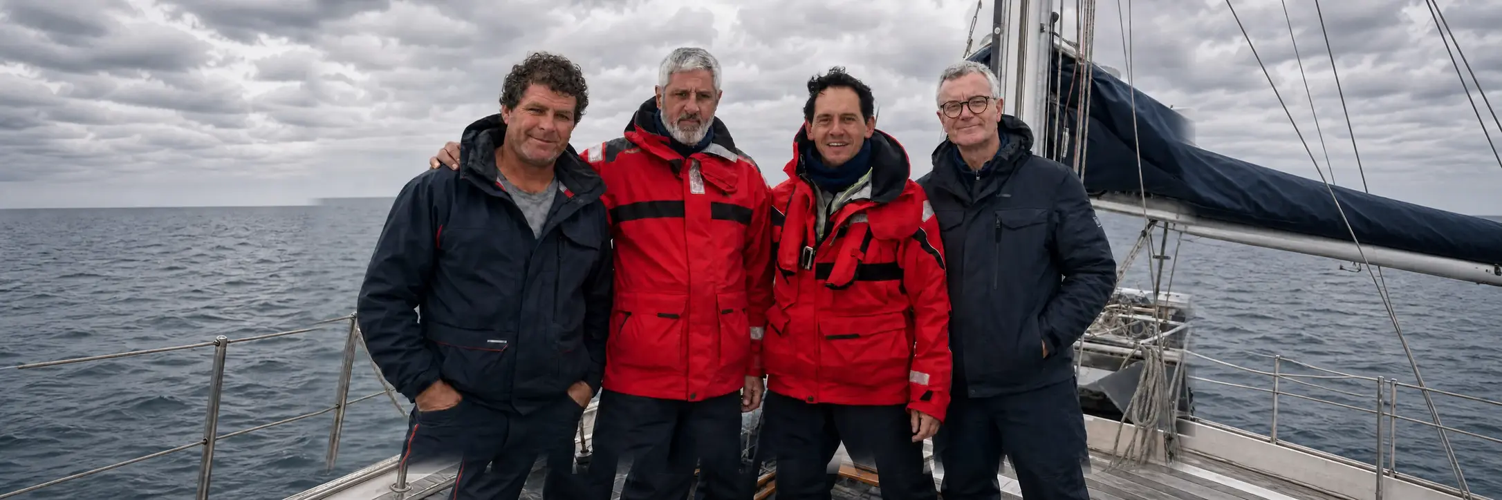 Carlos, Mariano, Juan and Nicolas wearing sailing jackets together on deck