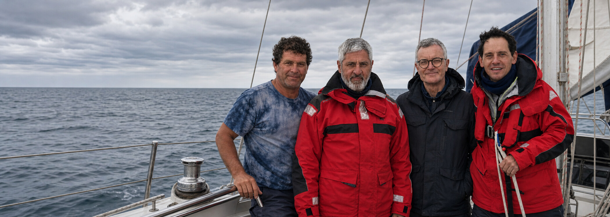 Carlos, Mariano, Juan and Nicolas together on the deck of an expedition sailboat