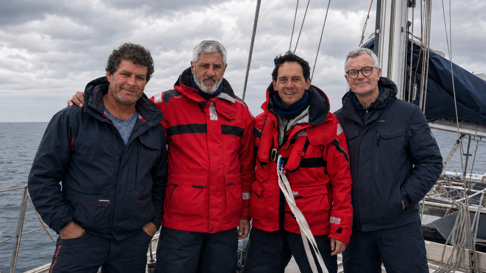 Carlos, Mariano, Juan and Nicolas together on the deck of an expedition sailboat