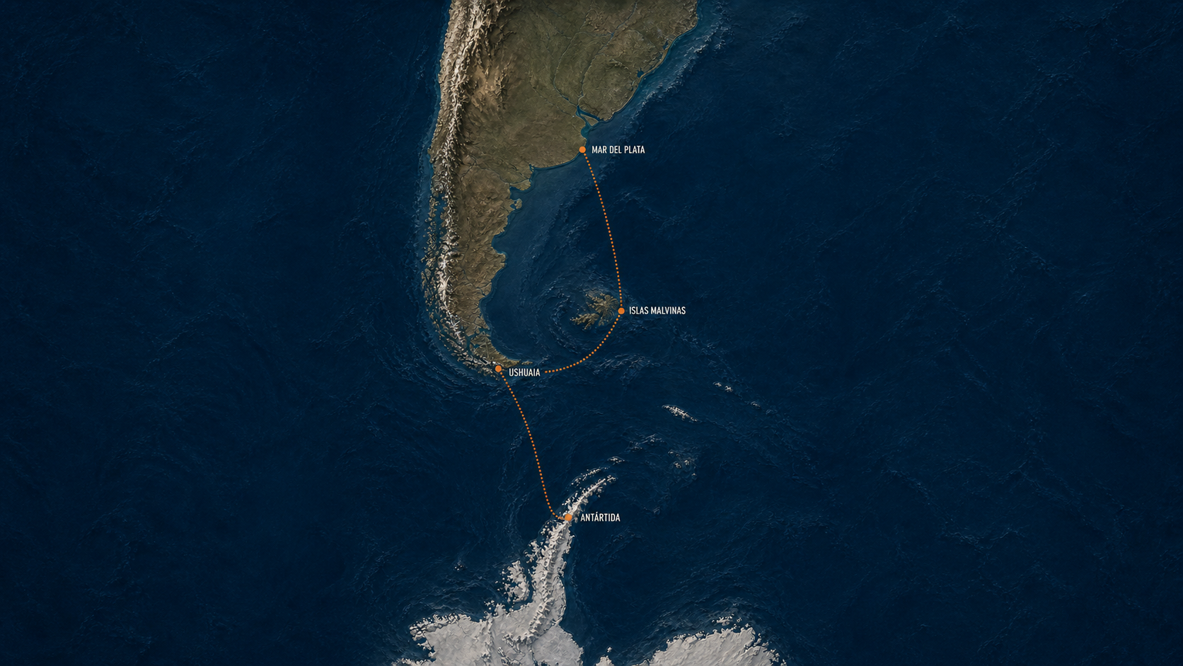Map of the sea route from Mar del Plata via Islas Malvinas and Ushuaia to Antarctica