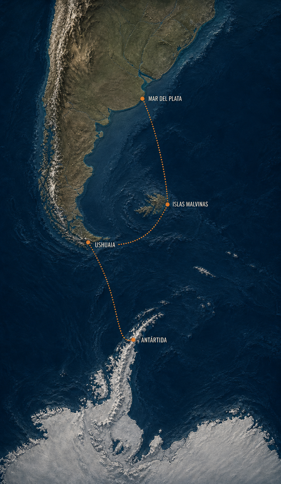 Map of the route from Mar del Plata via Islas Malvinas and Ushuaia to Antarctica