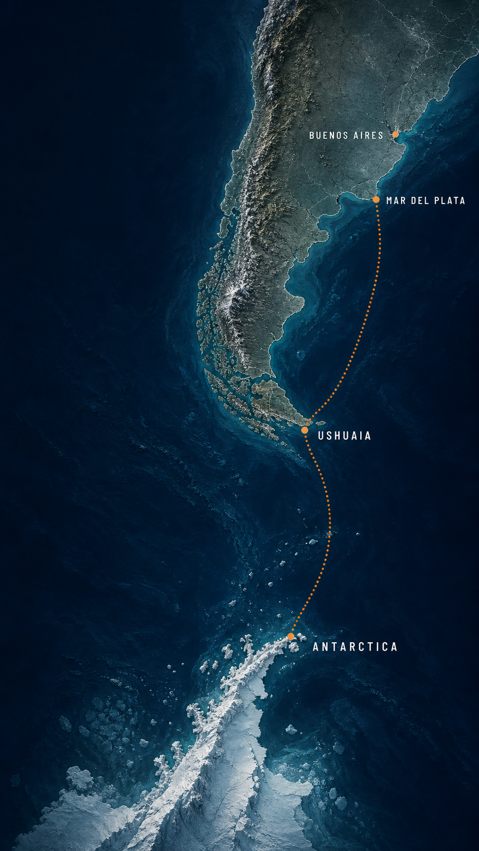 Map of the route from Mar del Plata through Ushuaia to Antarctica