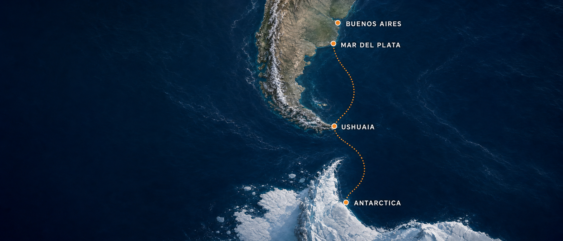 Map of the sea route from Mar del Plata through Ushuaia to Antarctica
